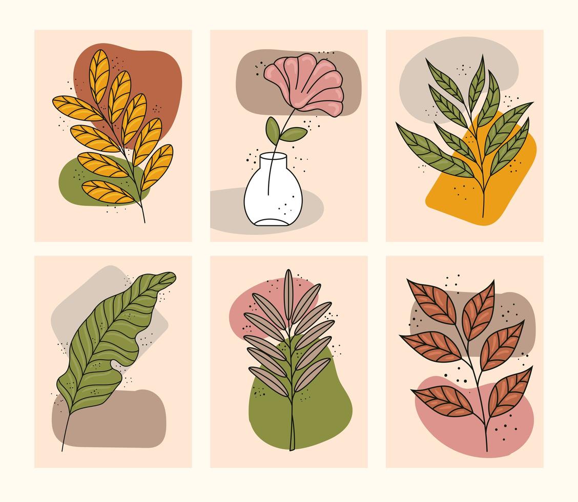 bundle of six boho style leafs plants icons vector