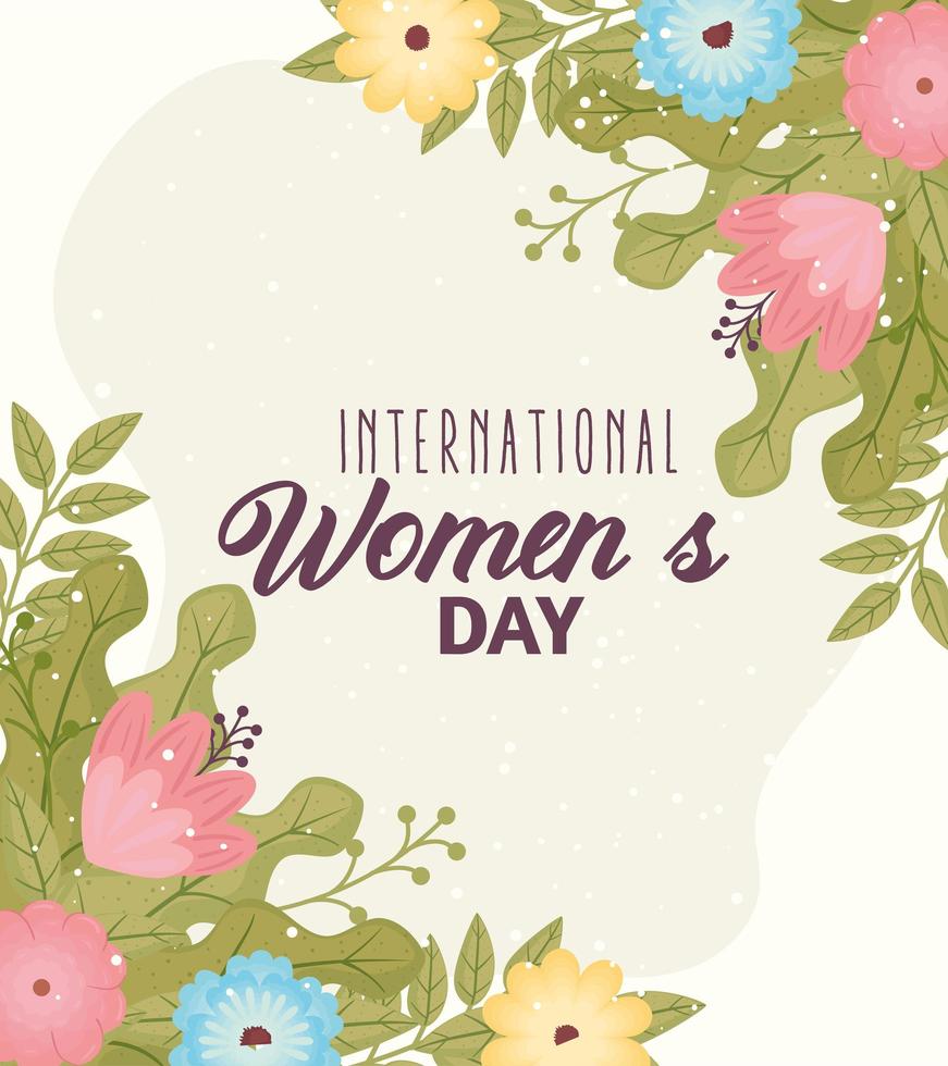 happy womens day lettering with flowers garden frame vector