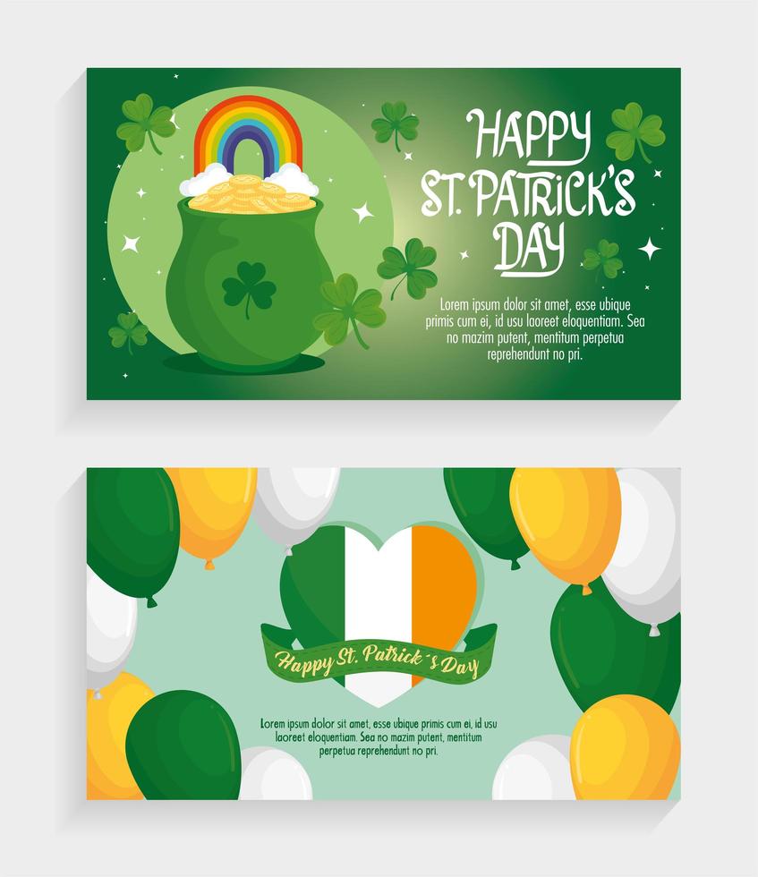 Feliz día de San Patricio con globos de helio y caldero del tesoro. vector