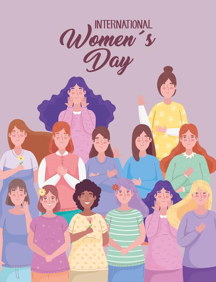 happy womens day lettering with interracial group of girls vector