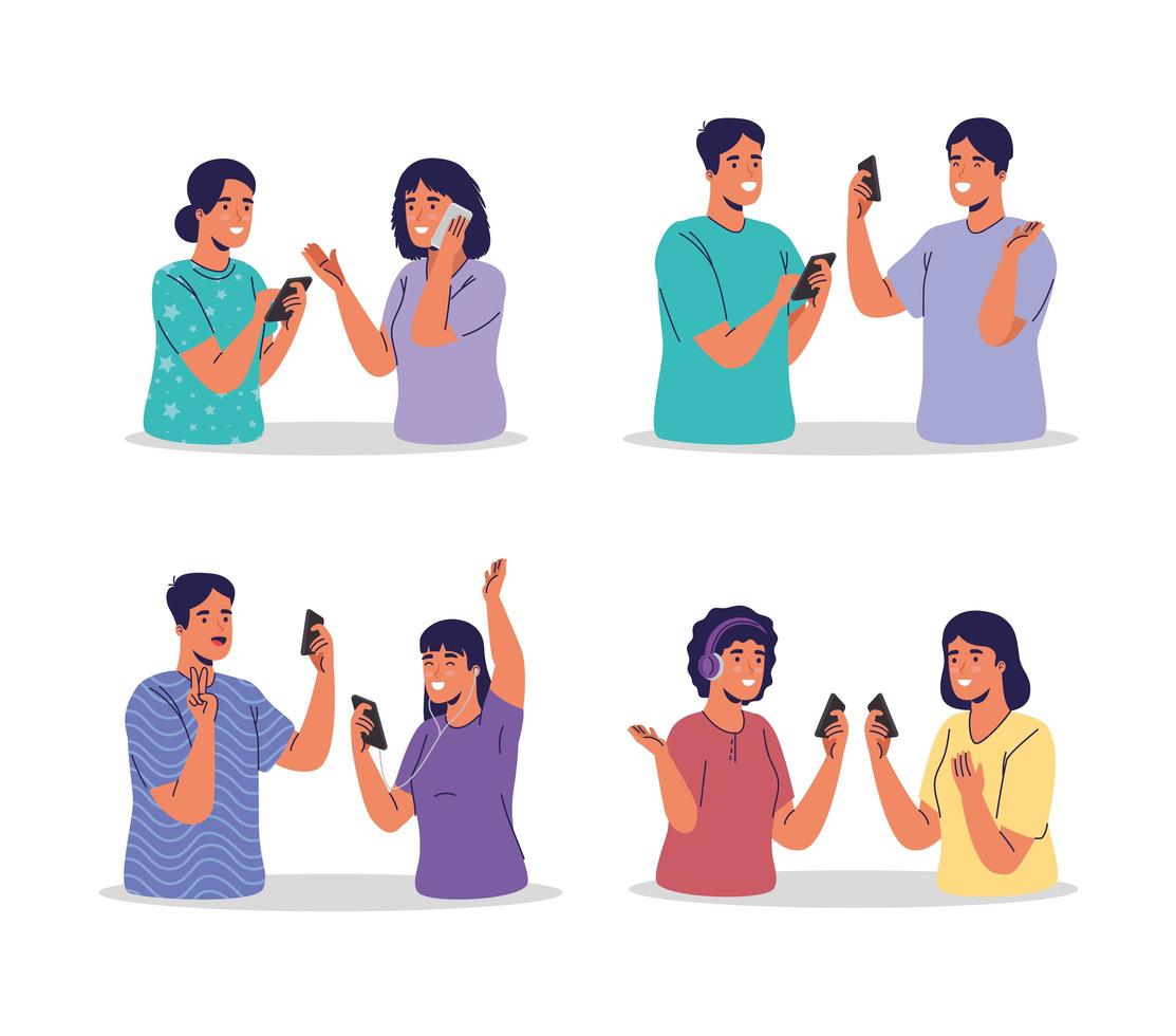 young couples using smartphones technology vector