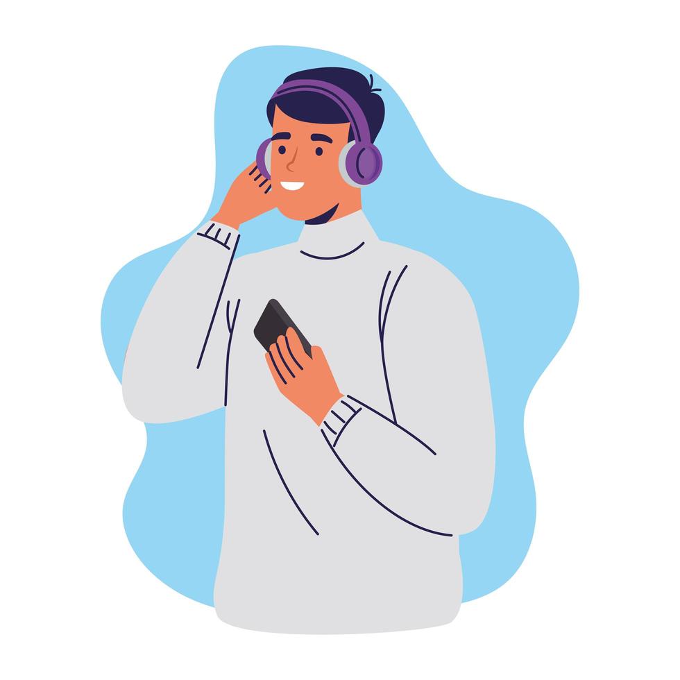 Hombre joven con carácter escuchando música de teléfono inteligente vector