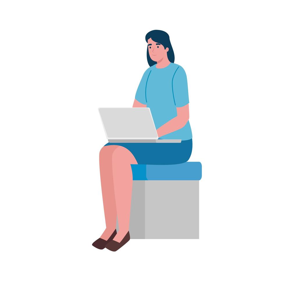 young woman seated in chair working in laptop character vector