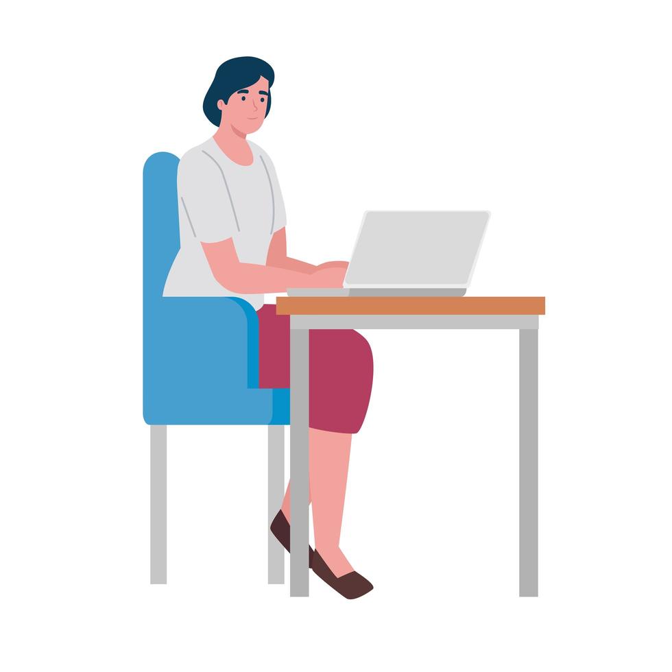 young woman seated in desk working in laptop character vector