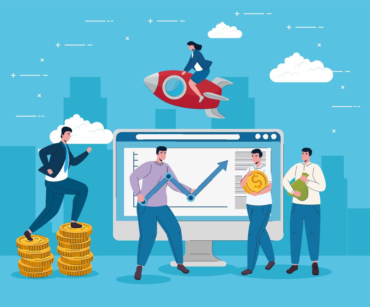 desktop with man lifting statistics arrow and business people vector
