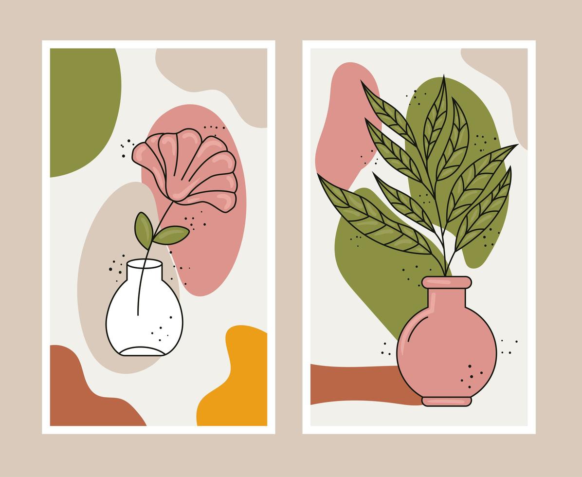 boho style two leafs plants in ceramic vases vector