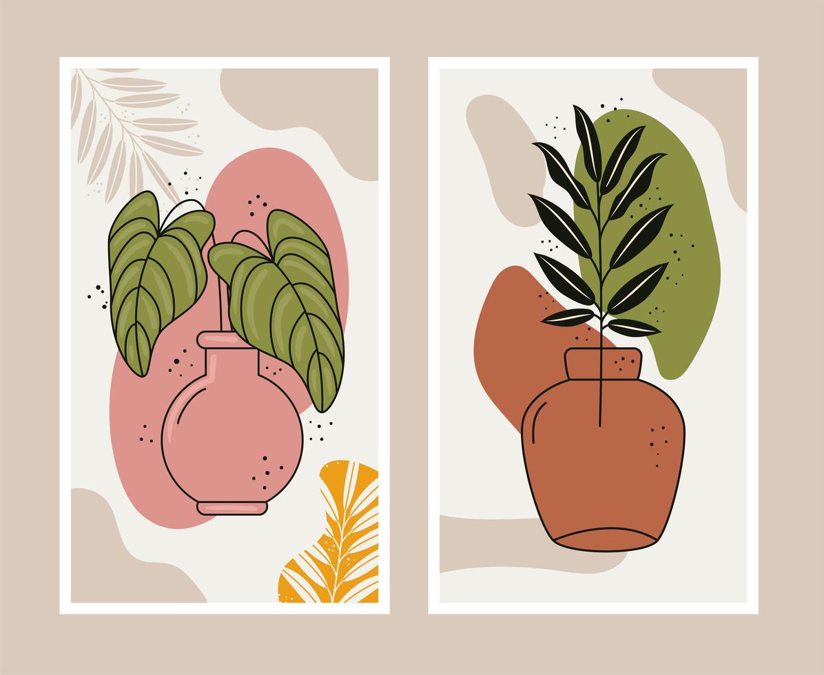 boho style two leafs plants in ceramic vases scenes vector