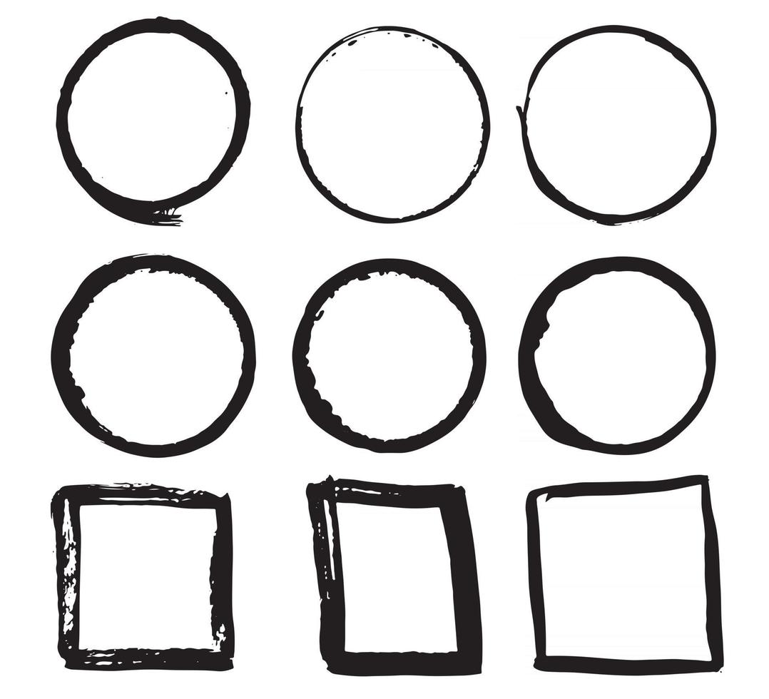 Round Frames and text boxes, grunge textured hand drawn elements set, vector illustration