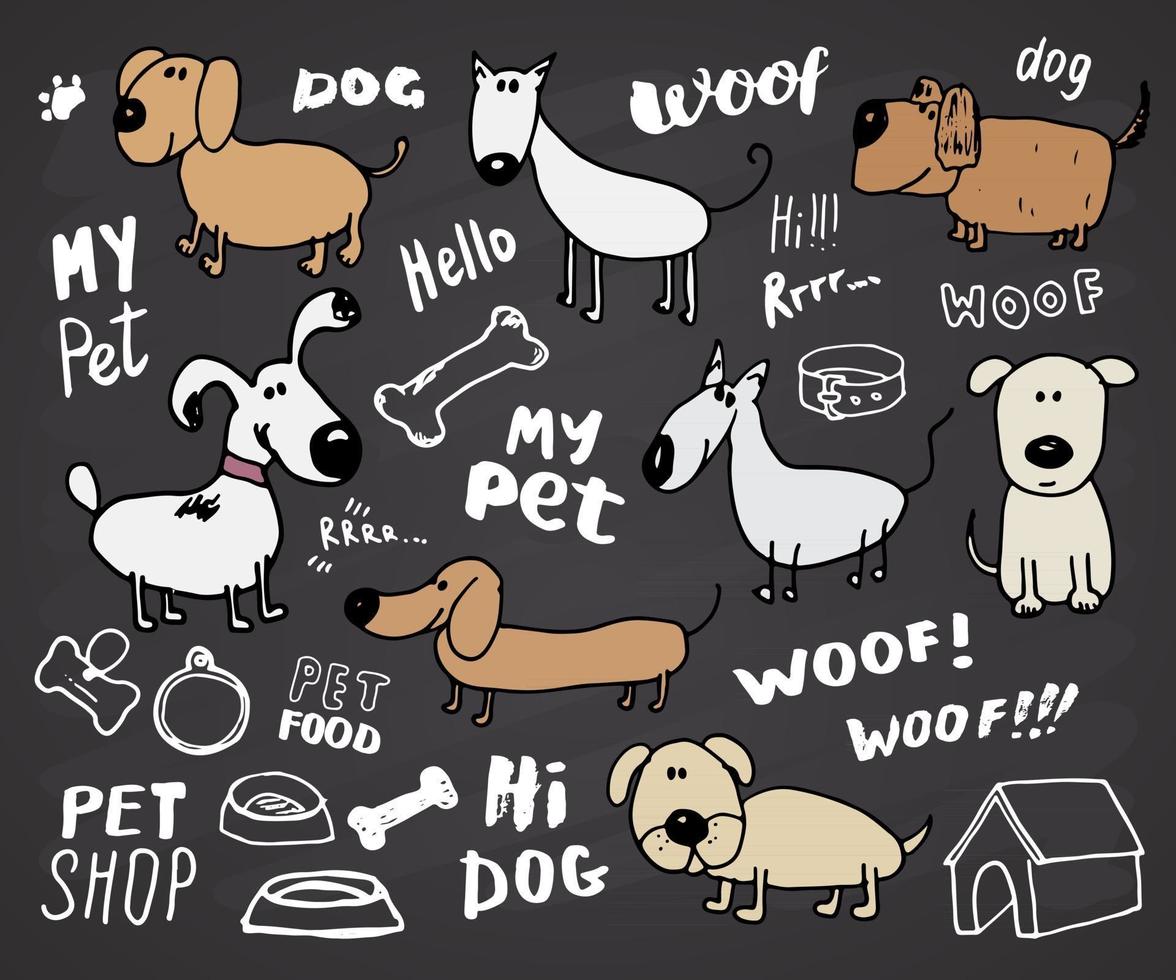 perros divertidos doodle conjunto. Dibujado a mano ilustración de vector de colección de mascotas bosquejado