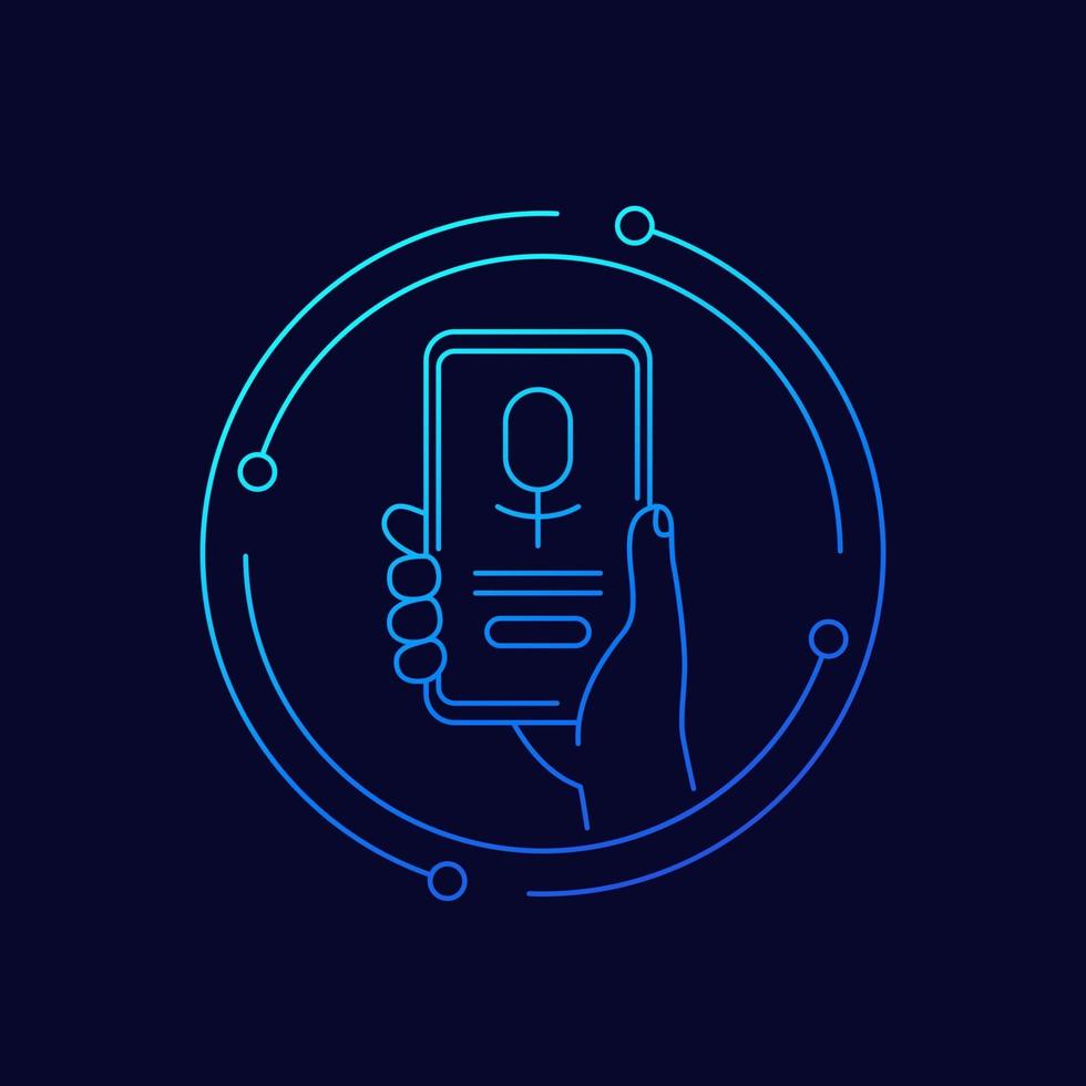 voice assistant app, phone in hand, line vector icon