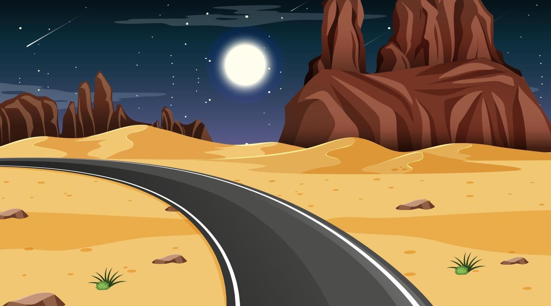 Desert forest landscape at night scene with long road vector