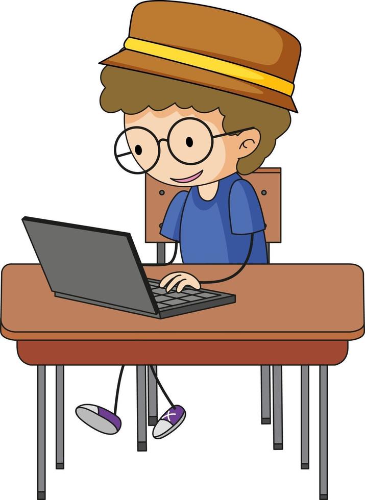 Cute boy using laptop doodle cartoon character vector