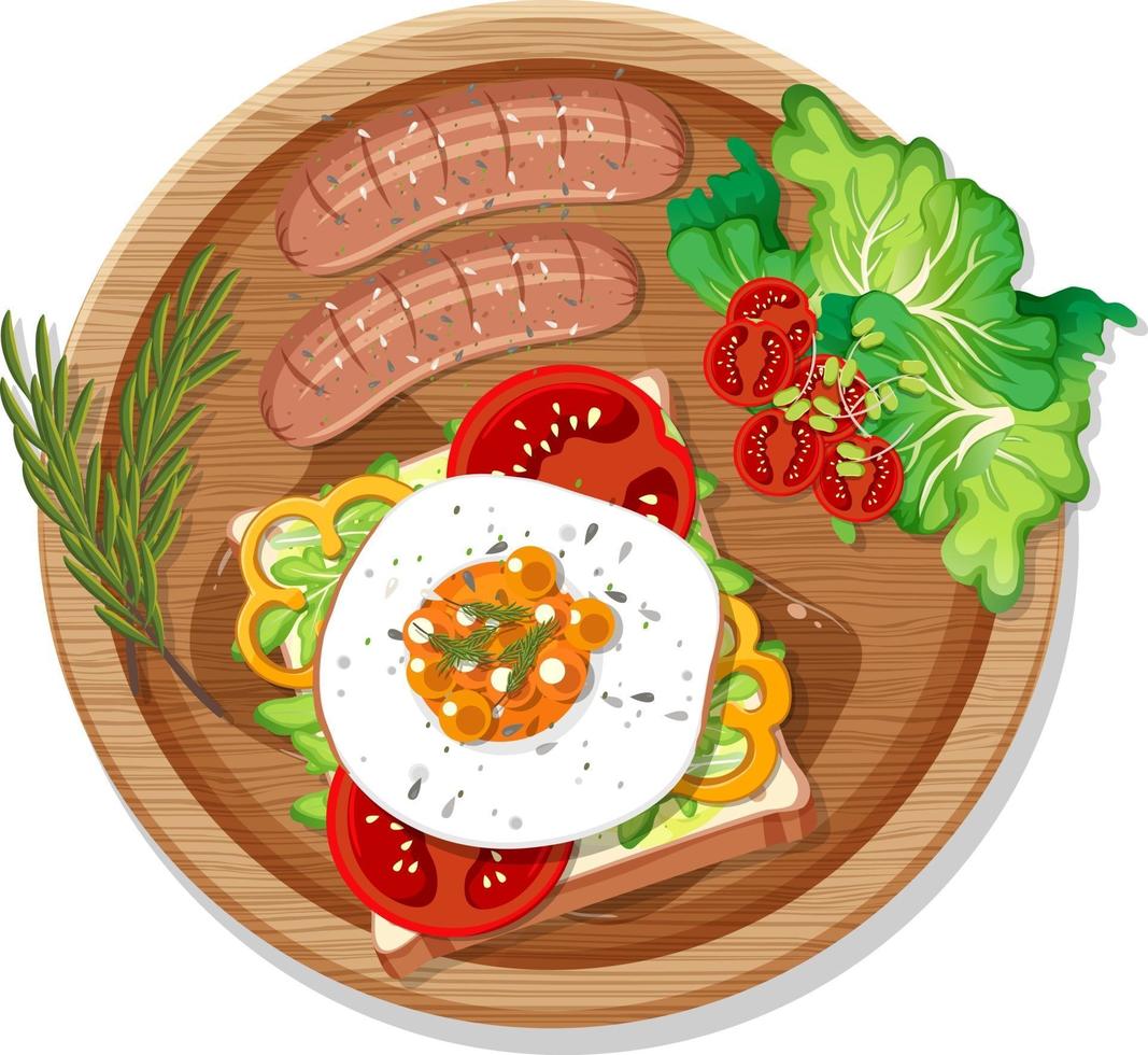 Vista superior del desayuno en un plato en estilo de dibujos animados aislado vector