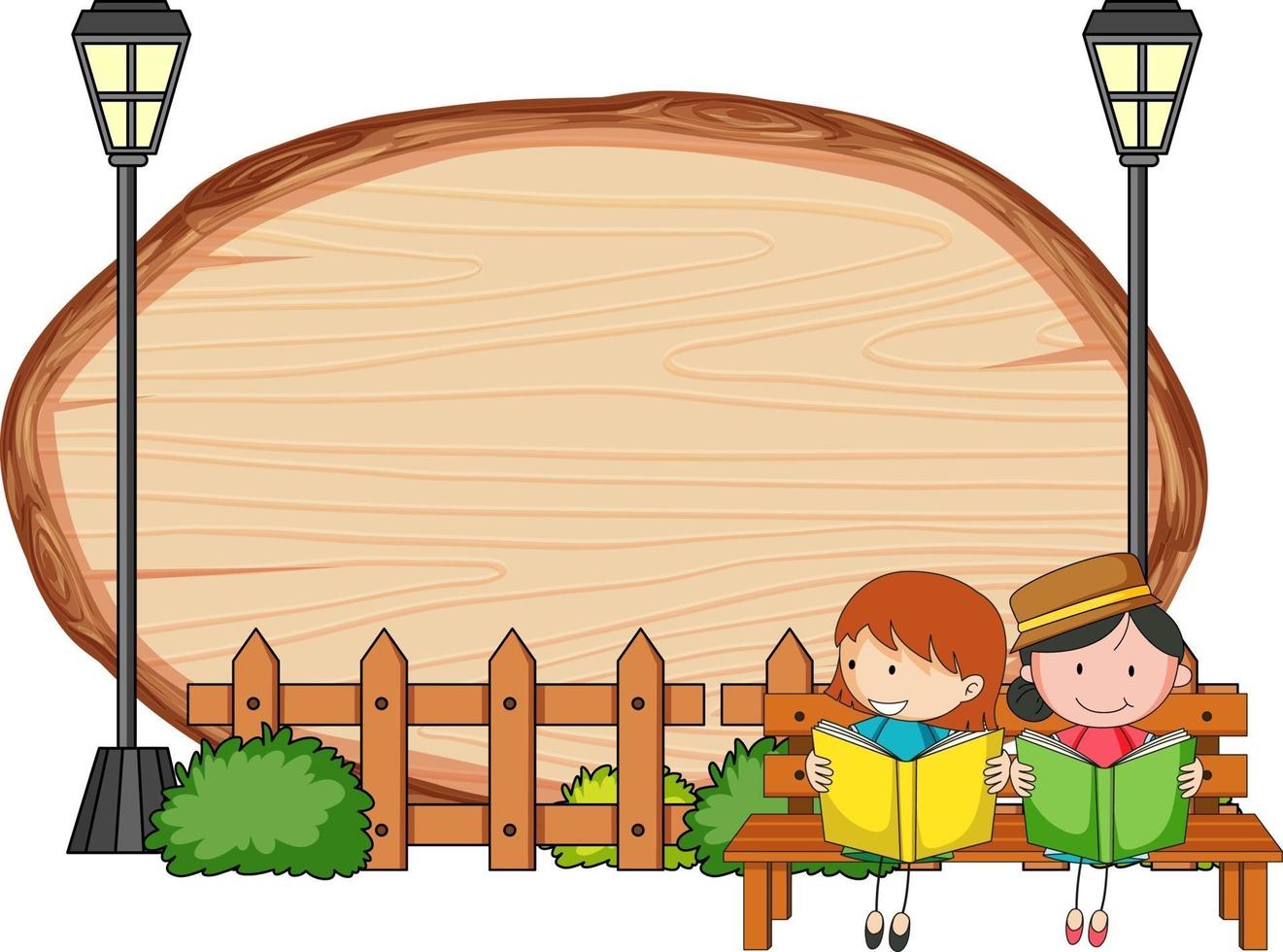 Blank wooden board in oval shape with kids doodle cartoon character vector