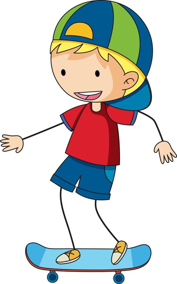 A doodle kid playing skateboard cartoon character isolated vector