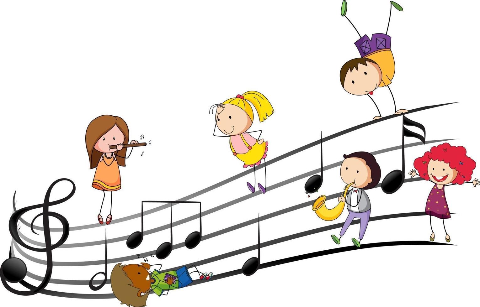 Musical melody symbols with many doodle kids cartoon character vector