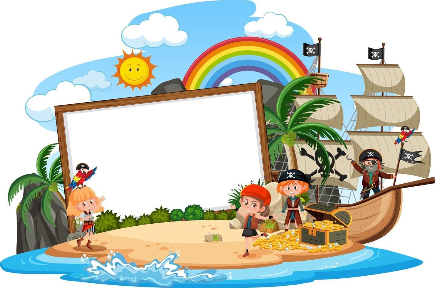 Many pirate kids on the island with blank banner template isolated vector