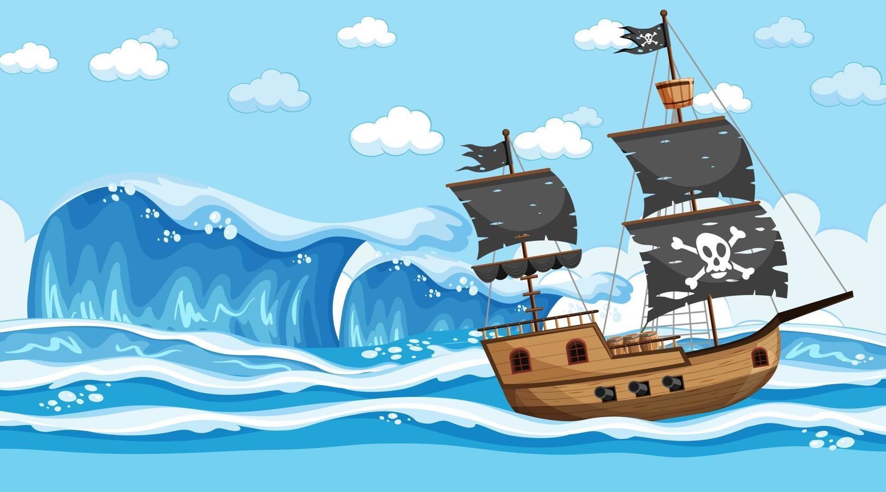 Ocean with Pirate ship at day time scene in cartoon style vector