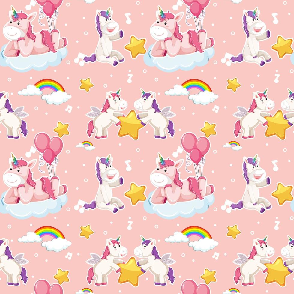 Unicorn seamless pattern with many clouds on pink background vector