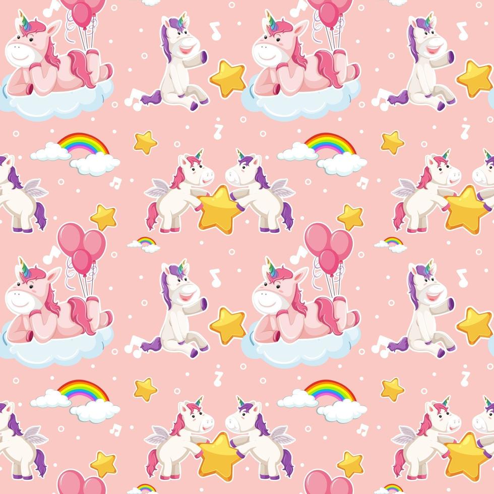 Unicorn seamless pattern with many clouds on pink background vector