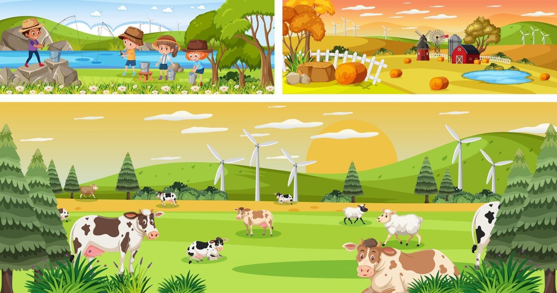 Set of different outdoor panoramic landscape scenes with cartoon character vector