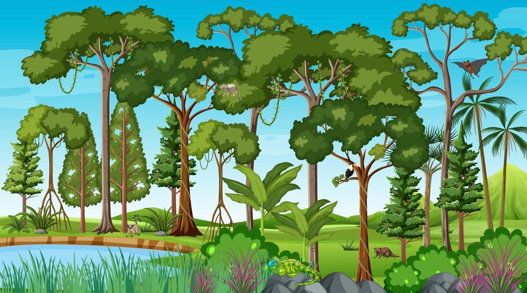 Tropical rainforest scene with various wild animals vector