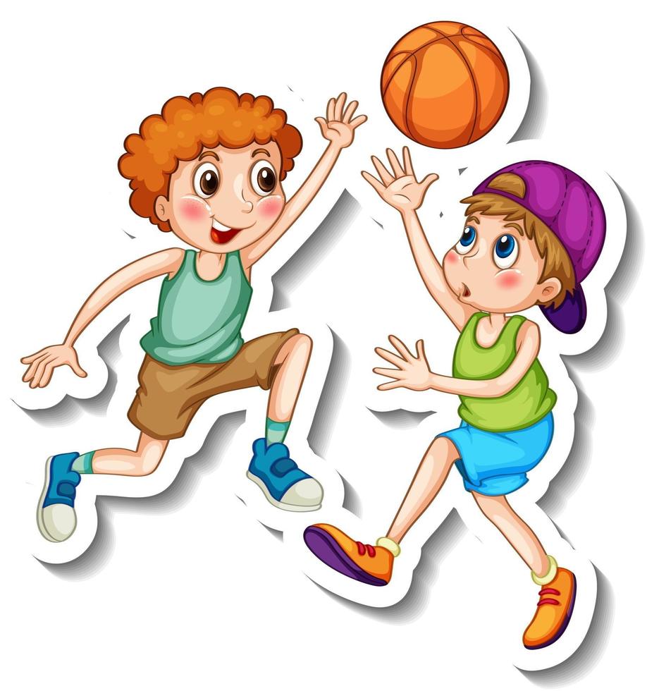 Plantilla de etiqueta con dos niños jugando baloncesto aislado vector