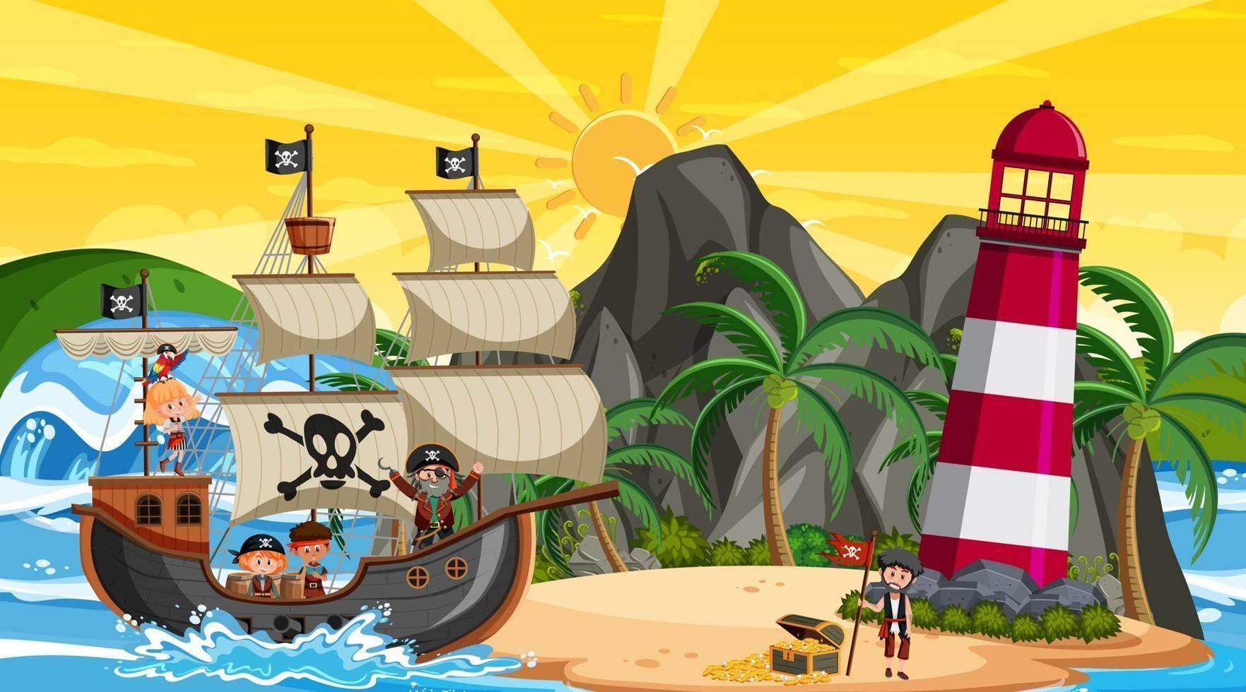 Ocean with Pirate ship at sunset scene in cartoon style vector