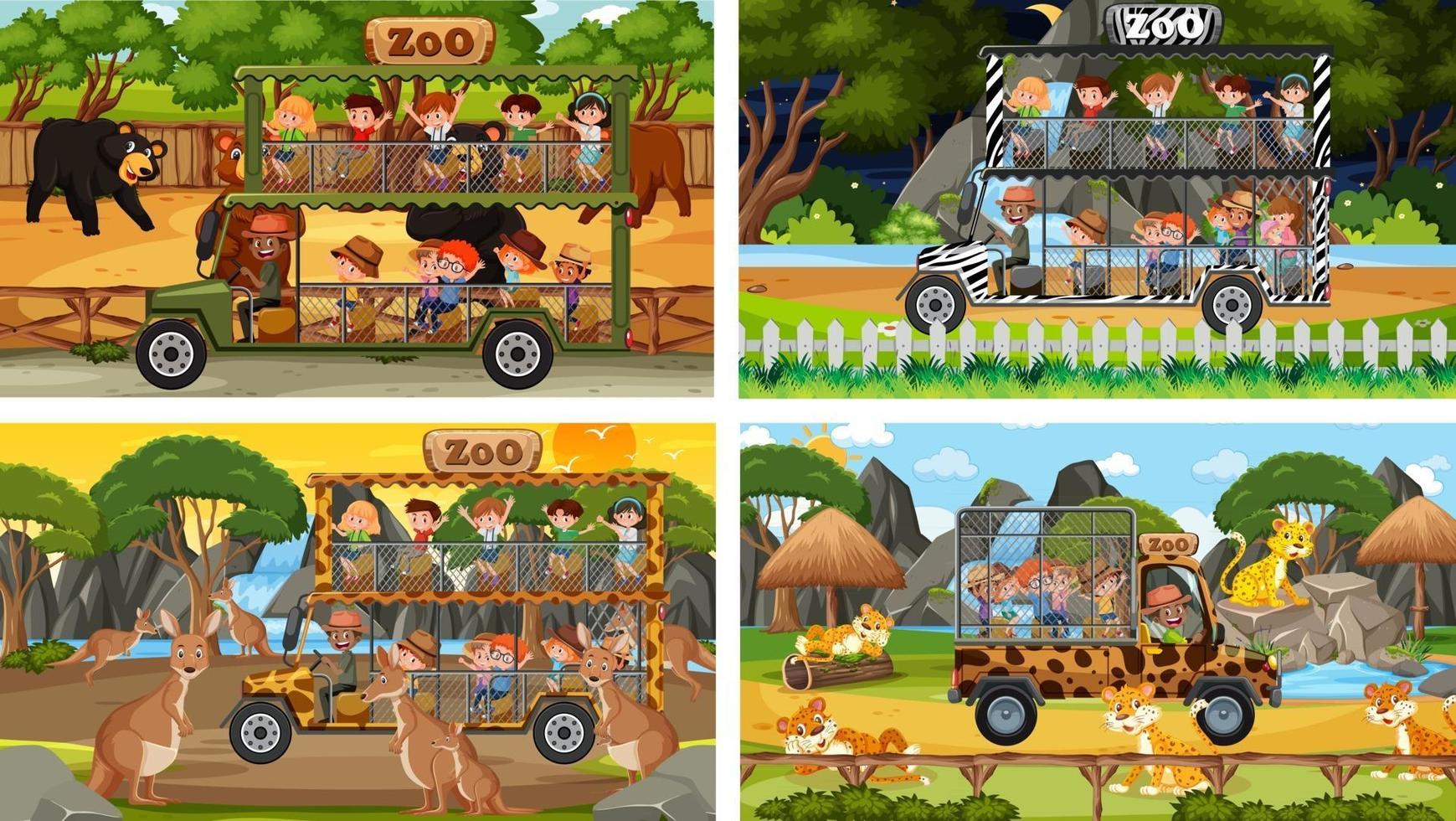 Conjunto de diferentes animales en escenas de safari con niños. vector