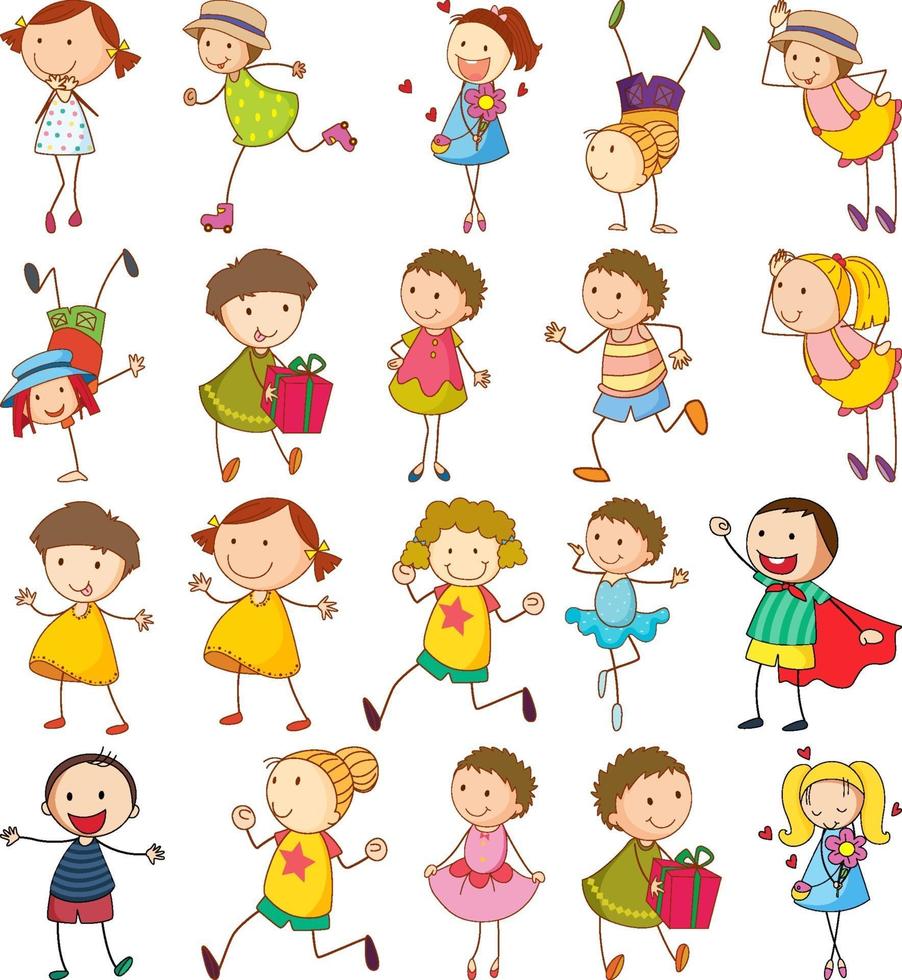 conjunto, de, diferente, garabato, niños, caricatura, carácter, aislado vector