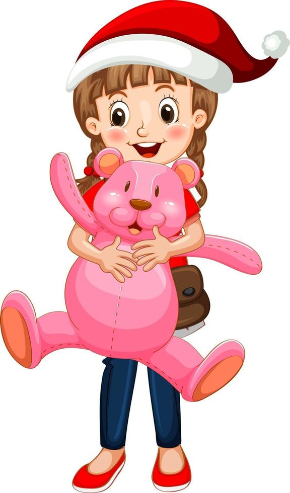 Happy girl cartoon character holding a teddy bear vector