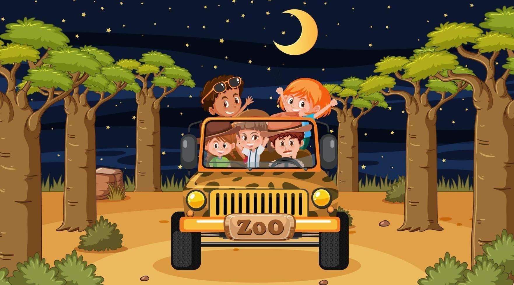 Safari en la escena nocturna con muchos niños en un coche jeep. vector