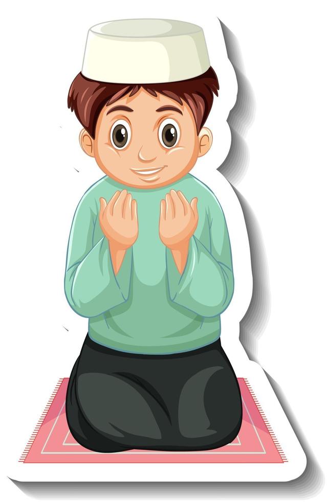 A sticker template with Muslim boy sitting on rug and praying vector