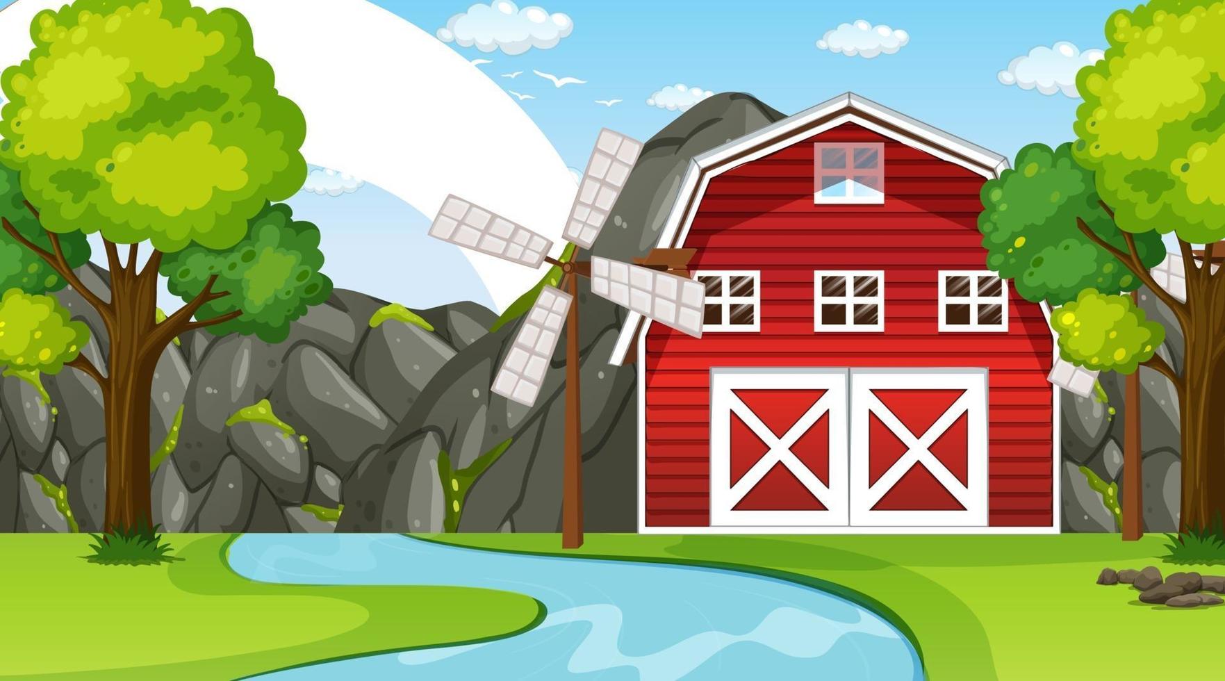 Farm landscape scene with barn and windmill vector