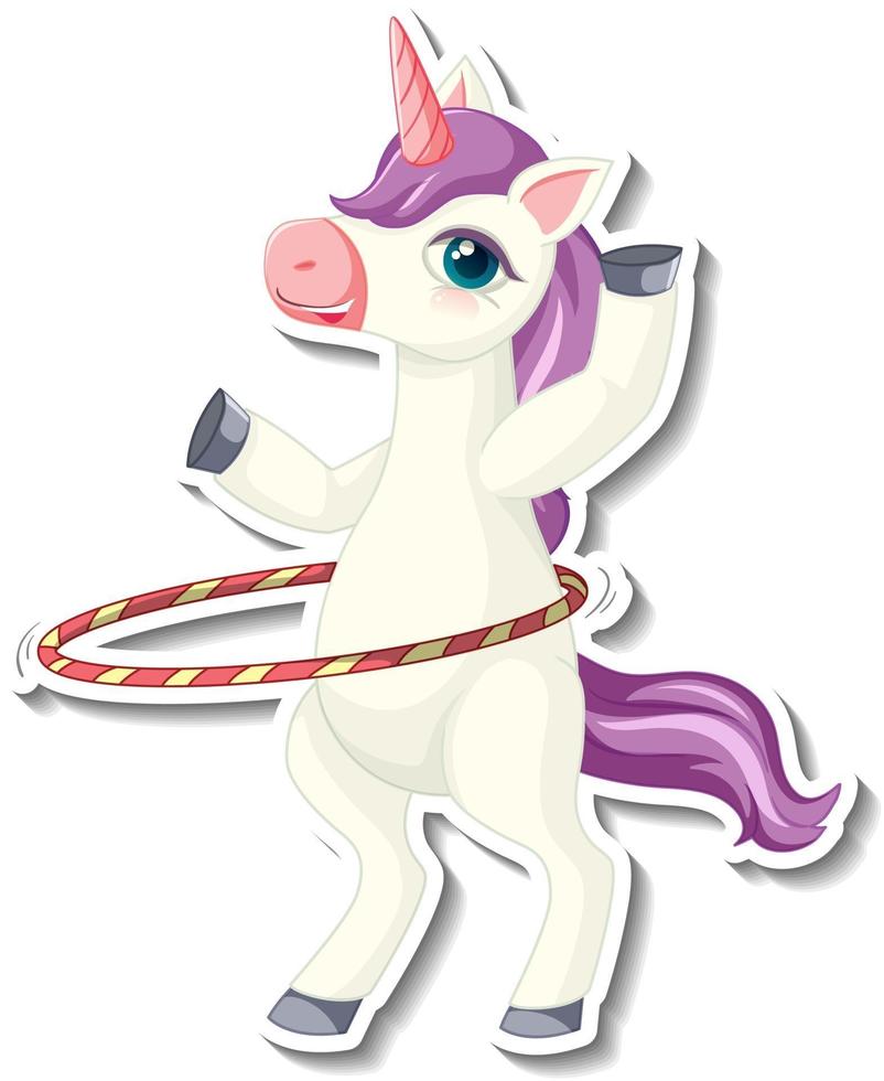 lindas pegatinas de unicornio con un unicornio jugando al personaje de dibujos animados de hula hoop vector