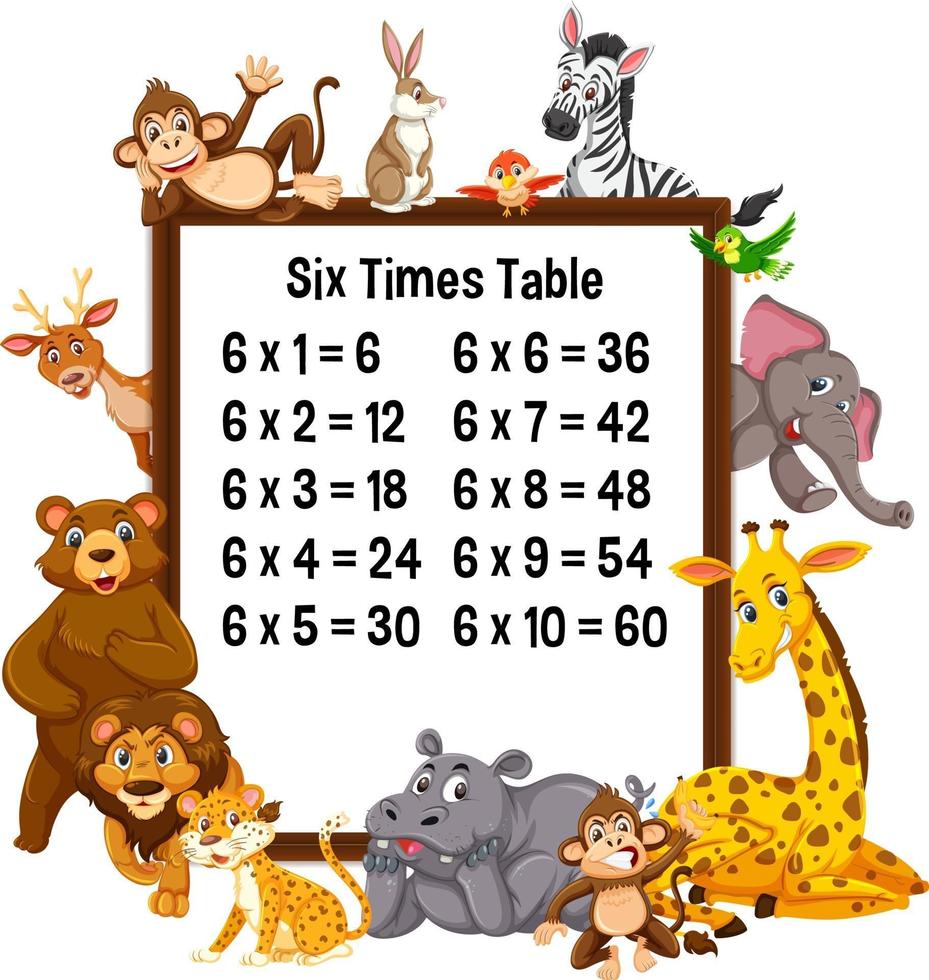 tabla de multiplicar del seis con animales salvajes vector