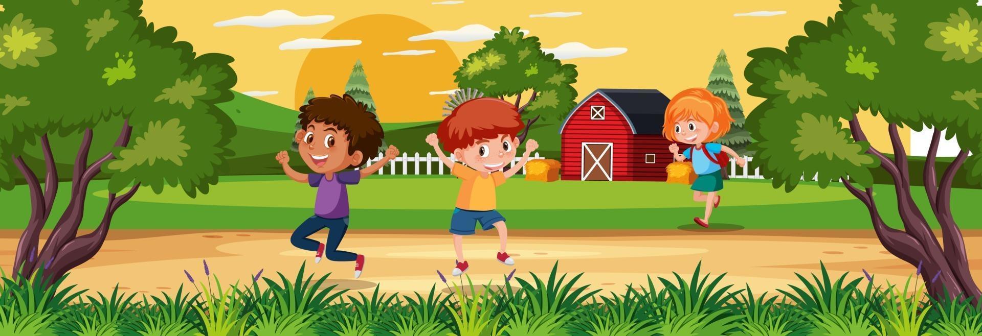 Escena de paisaje horizontal de granja con personaje de dibujos animados de niños vector