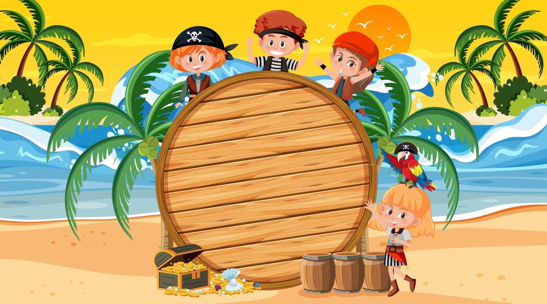 Plantilla de banner vacío con niños piratas en la escena del atardecer en la playa vector