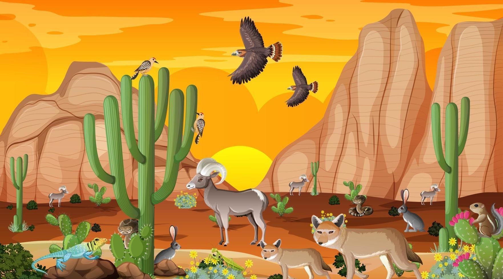 paisaje de bosque desértico en la escena del atardecer con animales salvajes vector