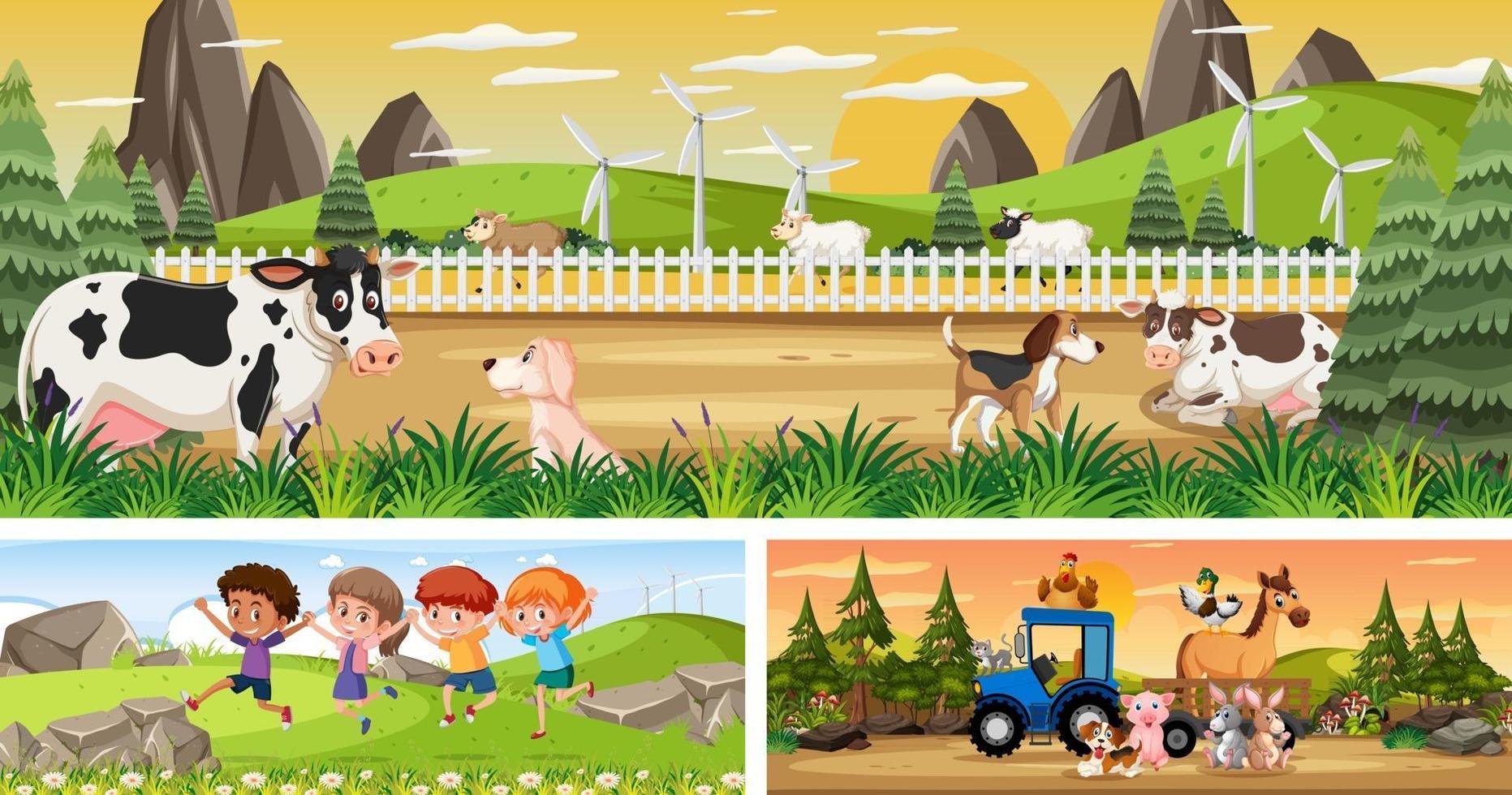 Set of different outdoor landscape scenes with cartoon character vector