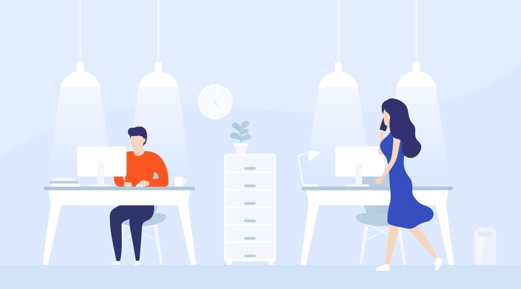 people in the coworking, open office space, vector illustration