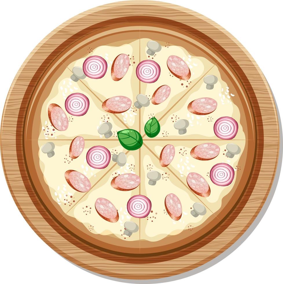 Top view of a whole vegan pizza on wooden plate isolated vector