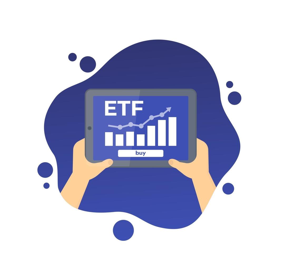 icono de etf, fondo cotizado en bolsa, tableta con datos financieros vector