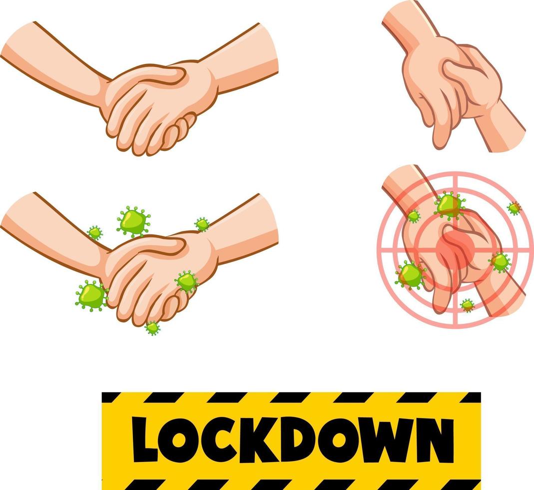 Lockdown font design with virus spreads from shaking hands on white background vector