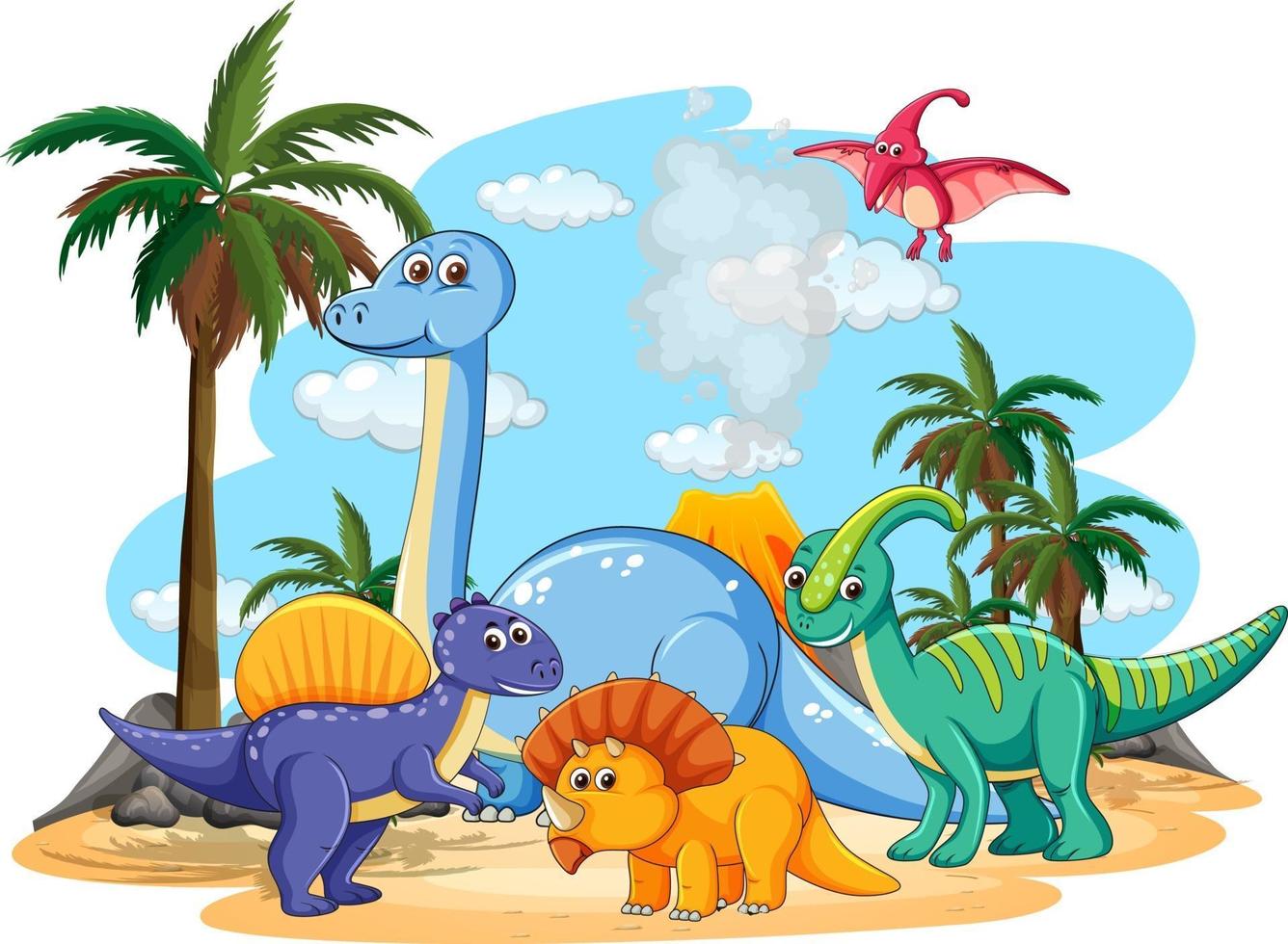 Many cute dinosaurs character in prehistoric land isolated vector