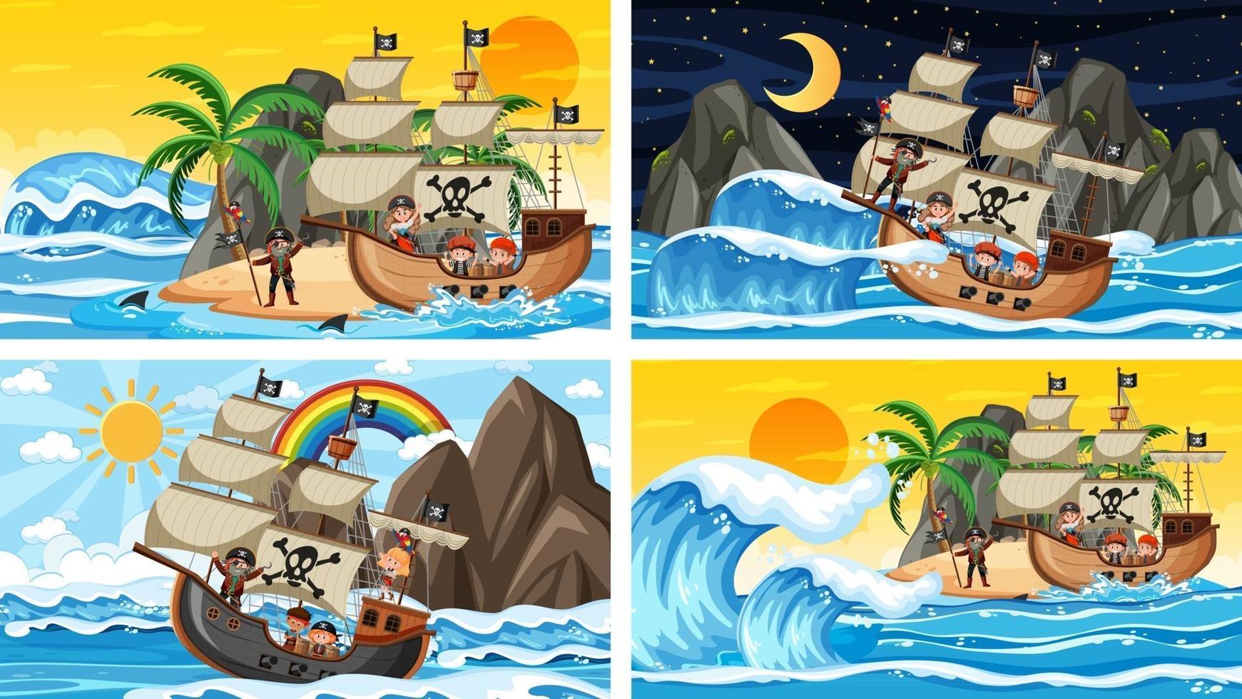 Set of different beach scenes with pirate ship vector