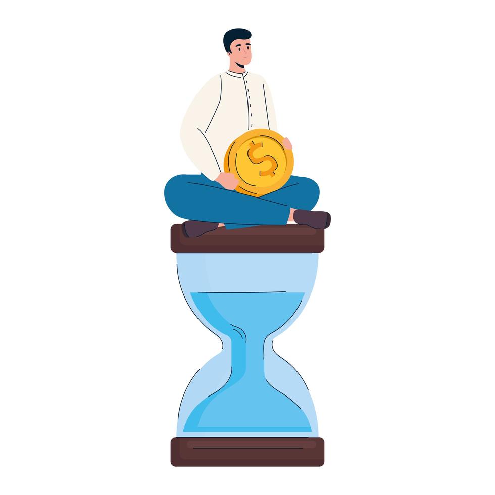 man with coin money dollar seated in hourglass vector