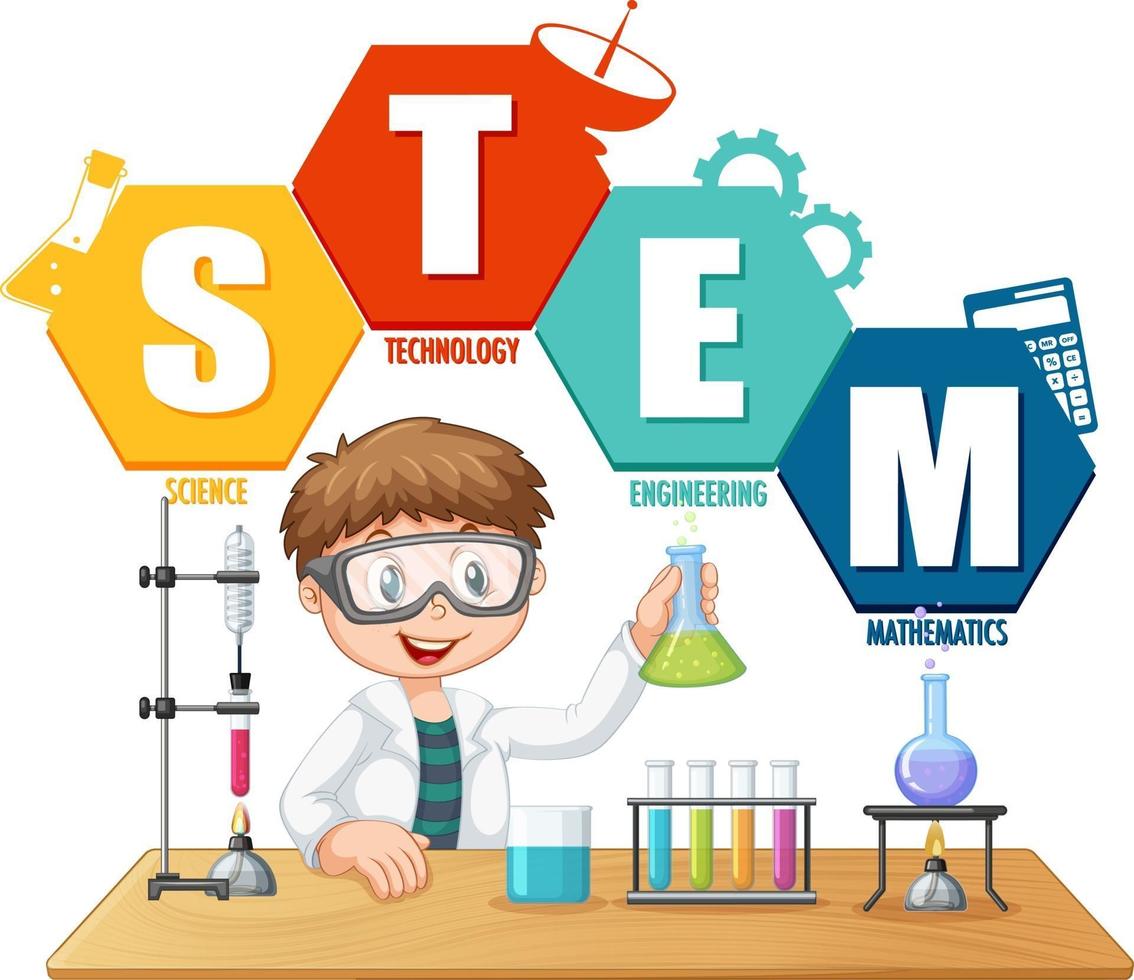 STEM education logo with scientist kid cartoon character vector