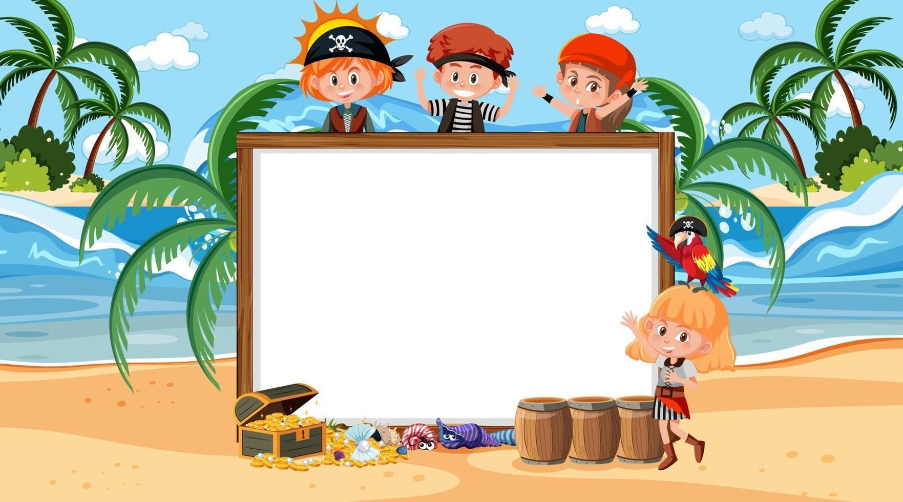 Empty banner template with pirate kids at the beach daytime scene vector