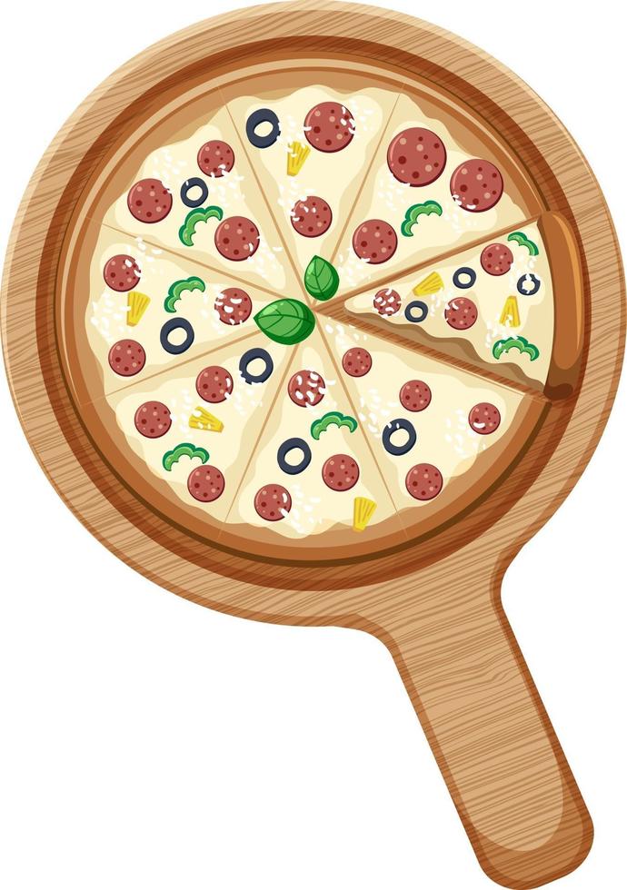 Toda una pizza con cobertura de pepperoni sobre placa de madera aislada vector